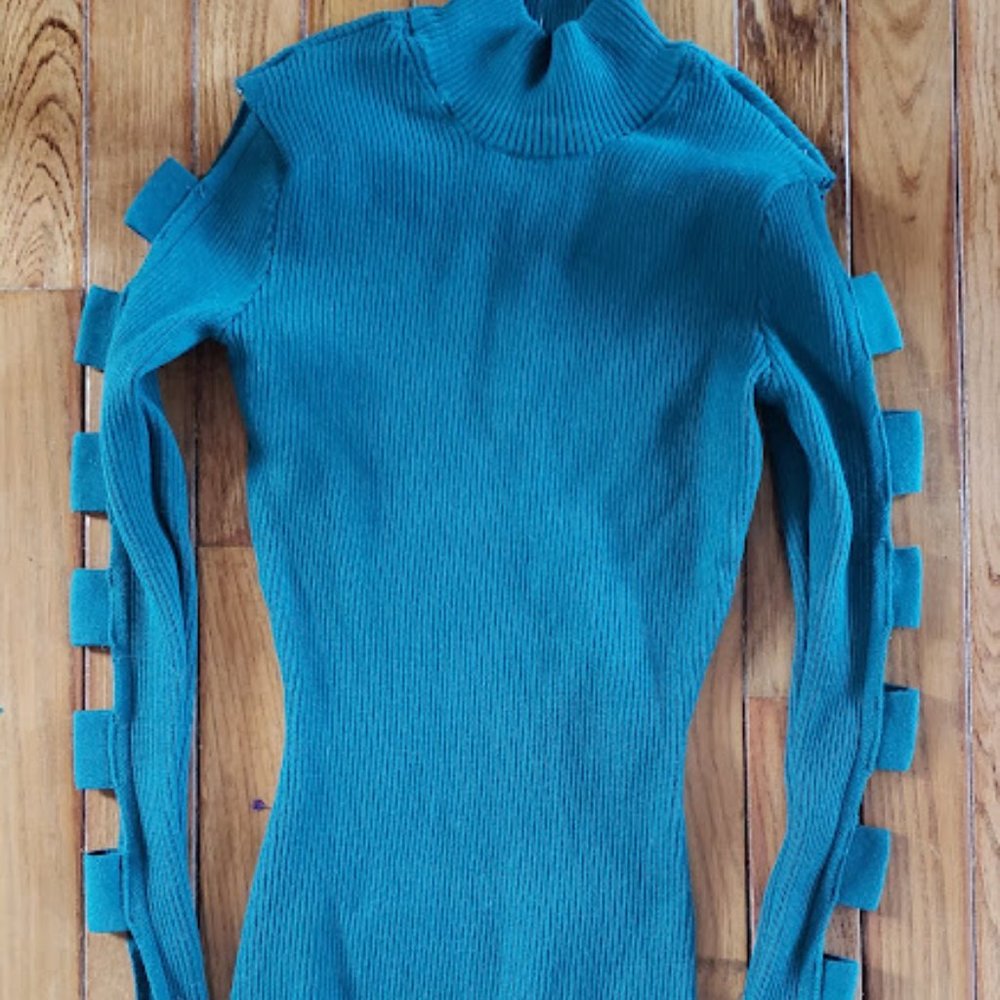 Teal Turtleneck Sweater Holes Along Sleeve